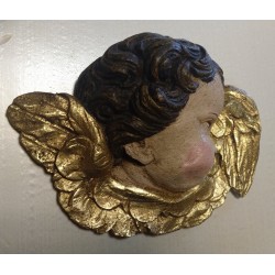 Cabeza de ángel dorada y policromada, querubín Luis XVI,