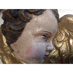 Cabeza de ángel dorada y policromada, querubín Luis XVI,